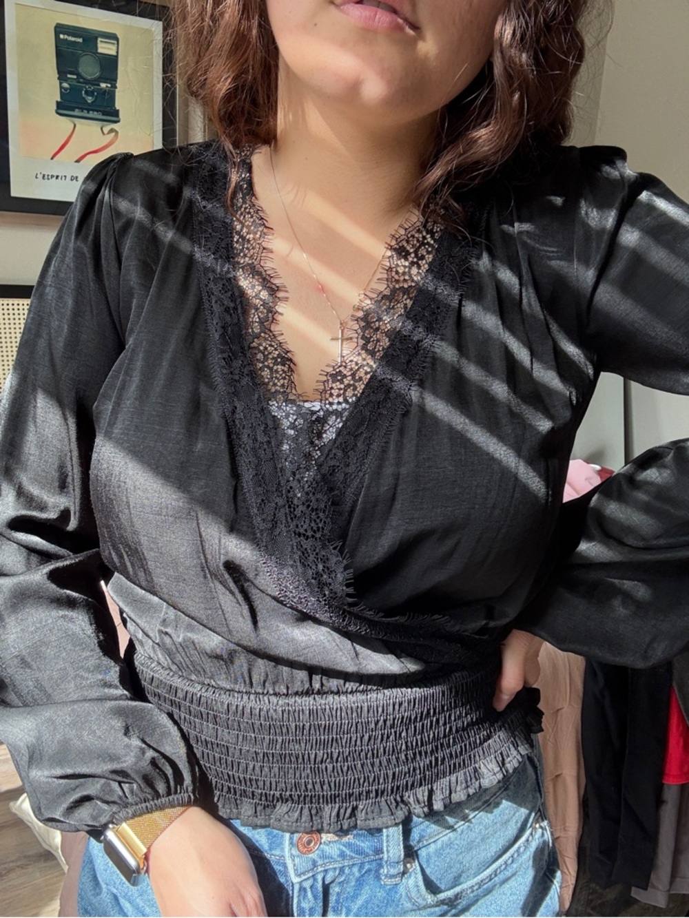 Hem & Thread Black Satin Lace Wrap Blouse | Smocked Waist | Size S
